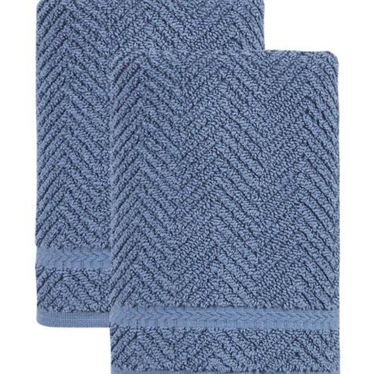 Set of Two Navy Blue Chevron Turkish Cotton 16" X 30" Hand Towels - HomeRoots - Flyclothing LLC