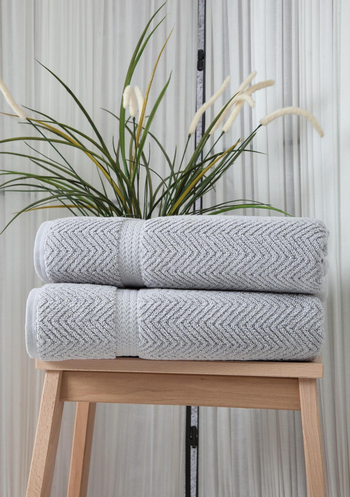Set of Two Light Gray Chevron Turkish Cotton 27" X 54" Bath Towels - HomeRoots - Flyclothing LLC