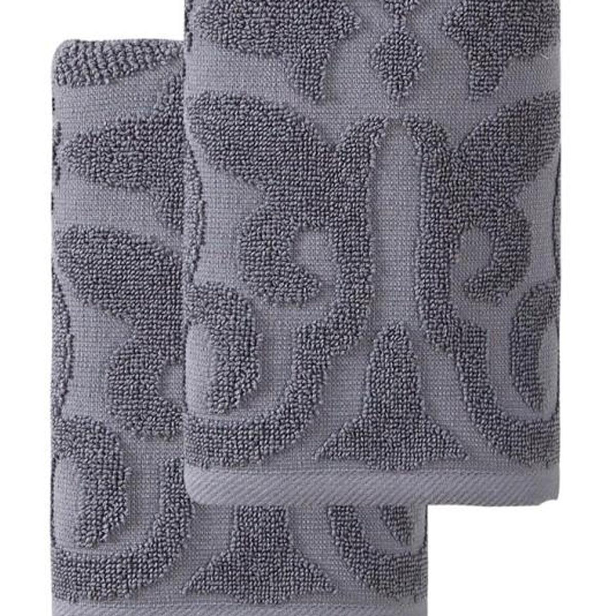 Set of Two Dark Gray Floral Turkish Cotton 16" X 30" Hand Towels - HomeRoots - Flyclothing LLC