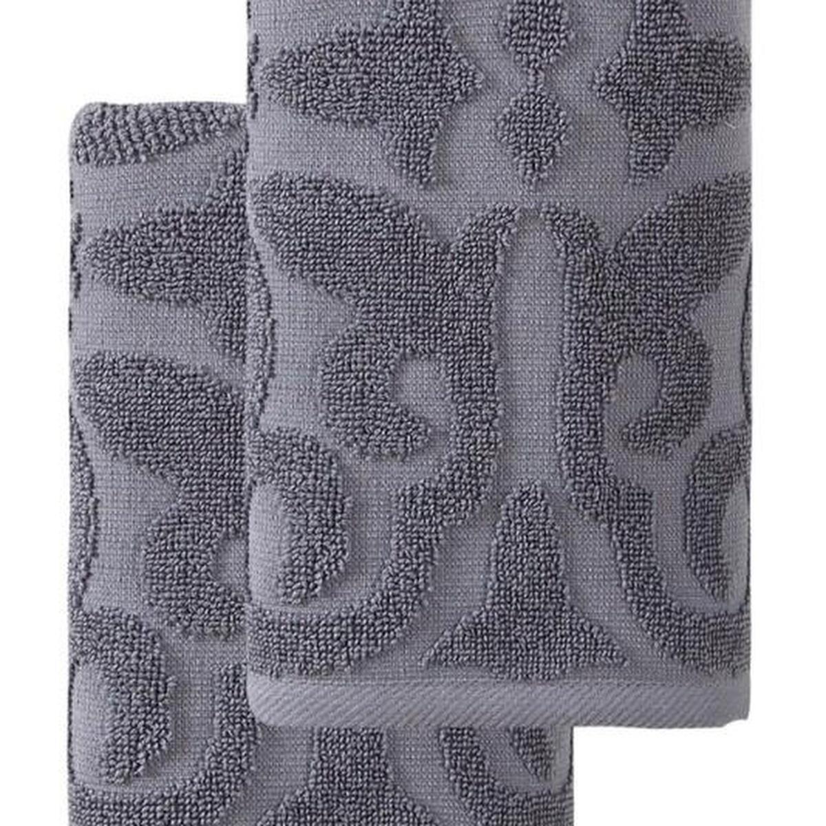 Set of Two Dark Gray Floral Turkish Cotton 16" X 30" Hand Towels - HomeRoots - Flyclothing LLC