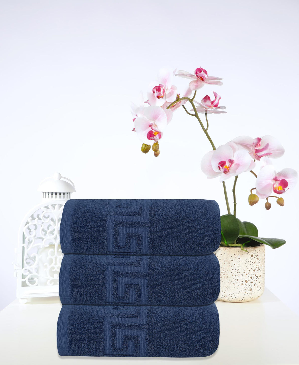 Set of Three Navy Blue Greek Key Turkish Cotton 16" X 30" Hand Towels - HomeRoots - Flyclothing LLC