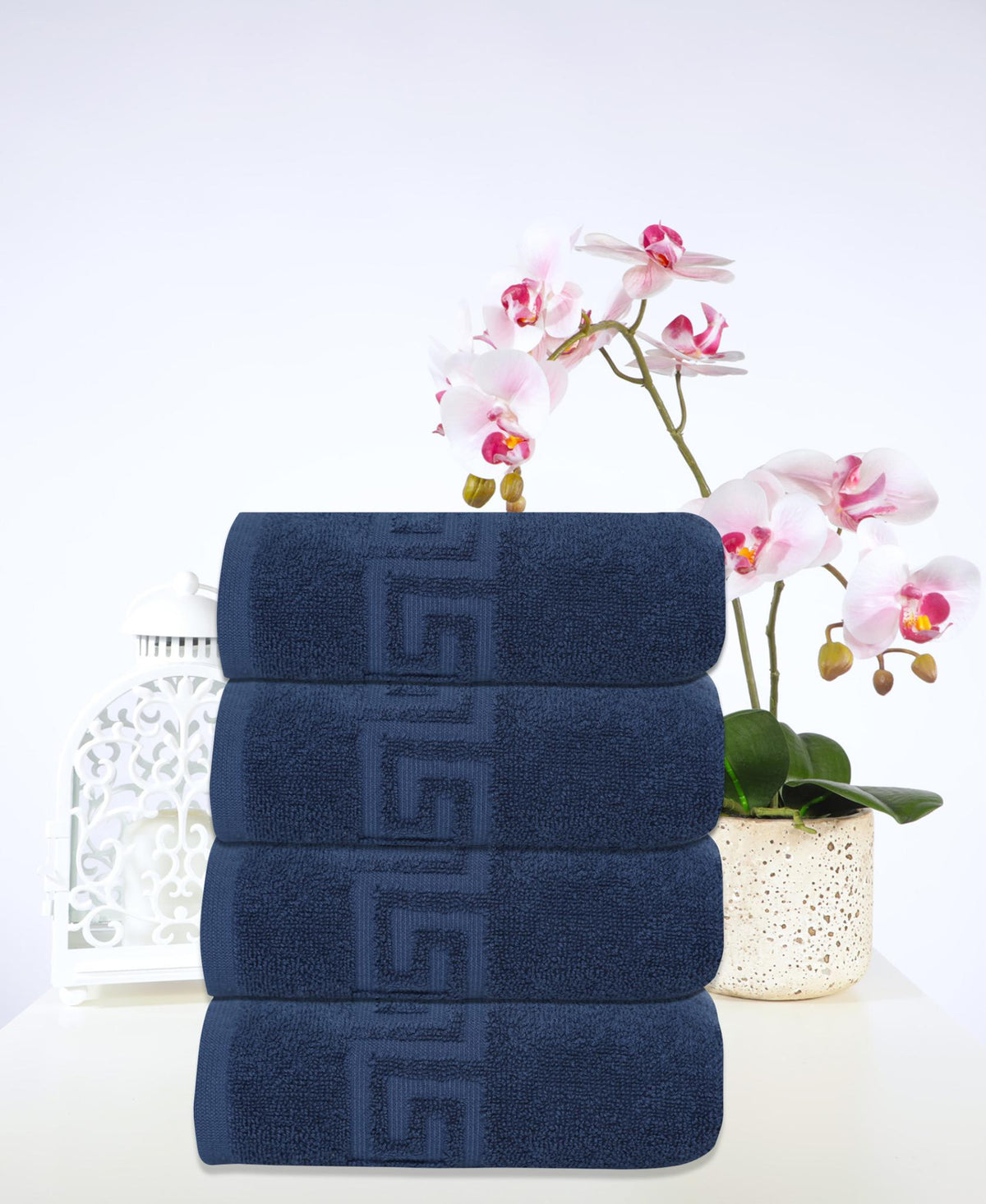 Set of Four Navy Blue Greek Key Turkish Cotton 16" X 30" Hand Towels - HomeRoots - Flyclothing LLC