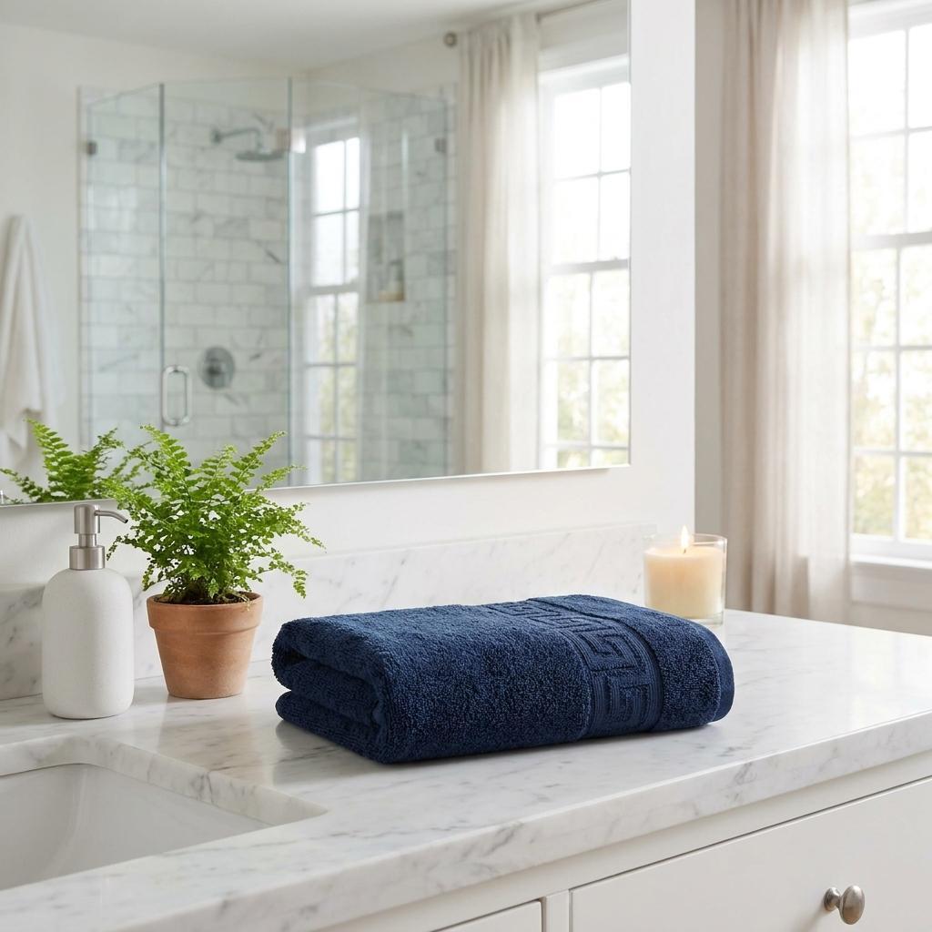 Set of Four Navy Blue Greek Key Turkish Cotton 27" X 54" Bath Towels - HomeRoots - Flyclothing LLC