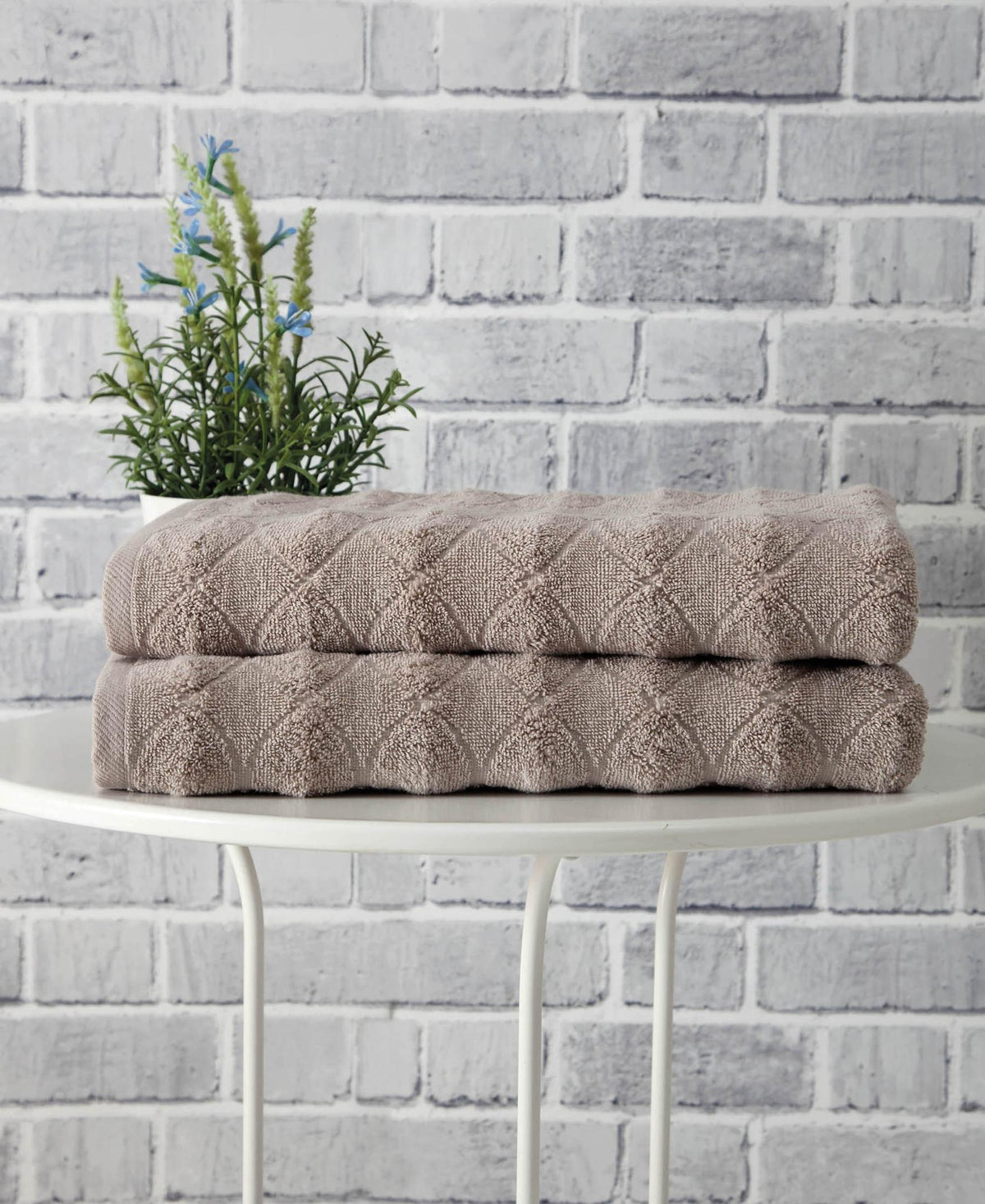 Set of Two Light Brown Geometric Turkish Cotton 27" X 54" Bath Towels - HomeRoots - Flyclothing LLC