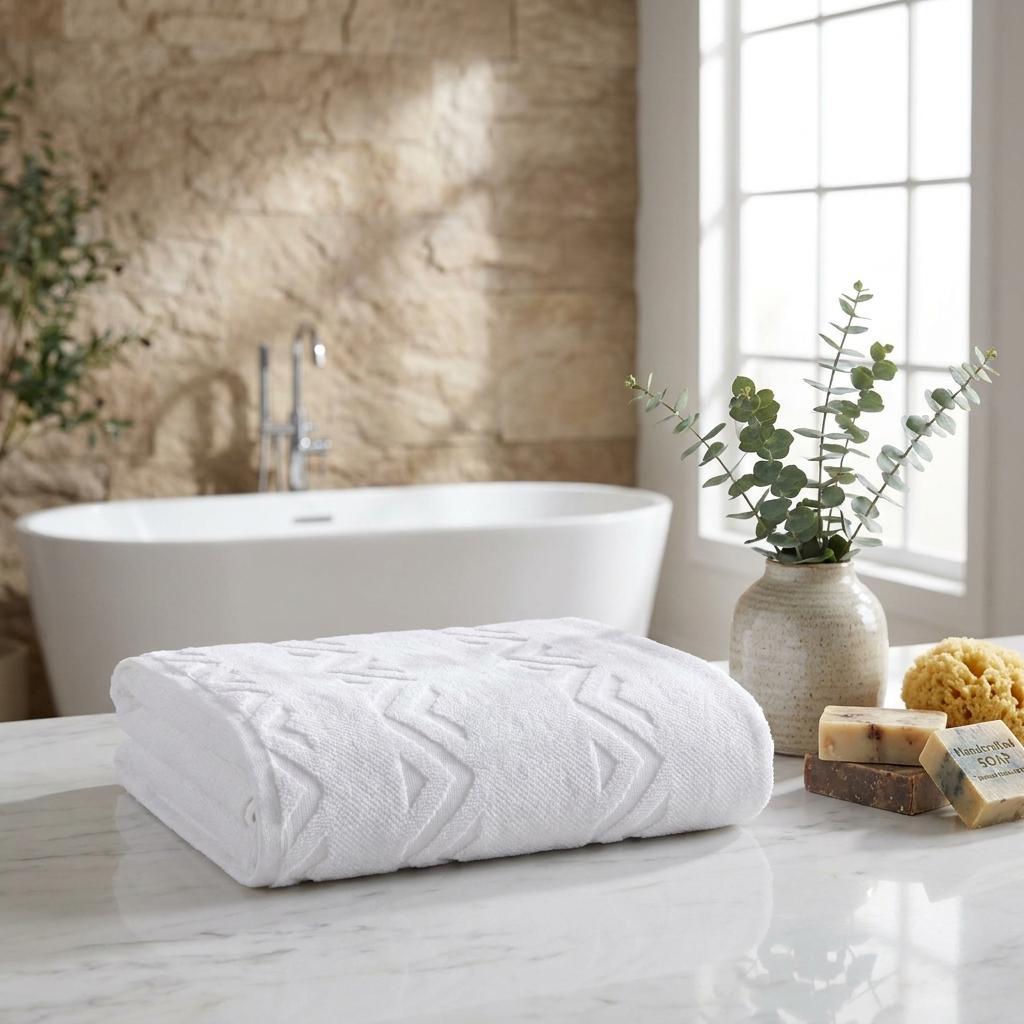 Set of Two White Geometric Turkish Cotton 27" X 54" Bath Towels - HomeRoots - Flyclothing LLC