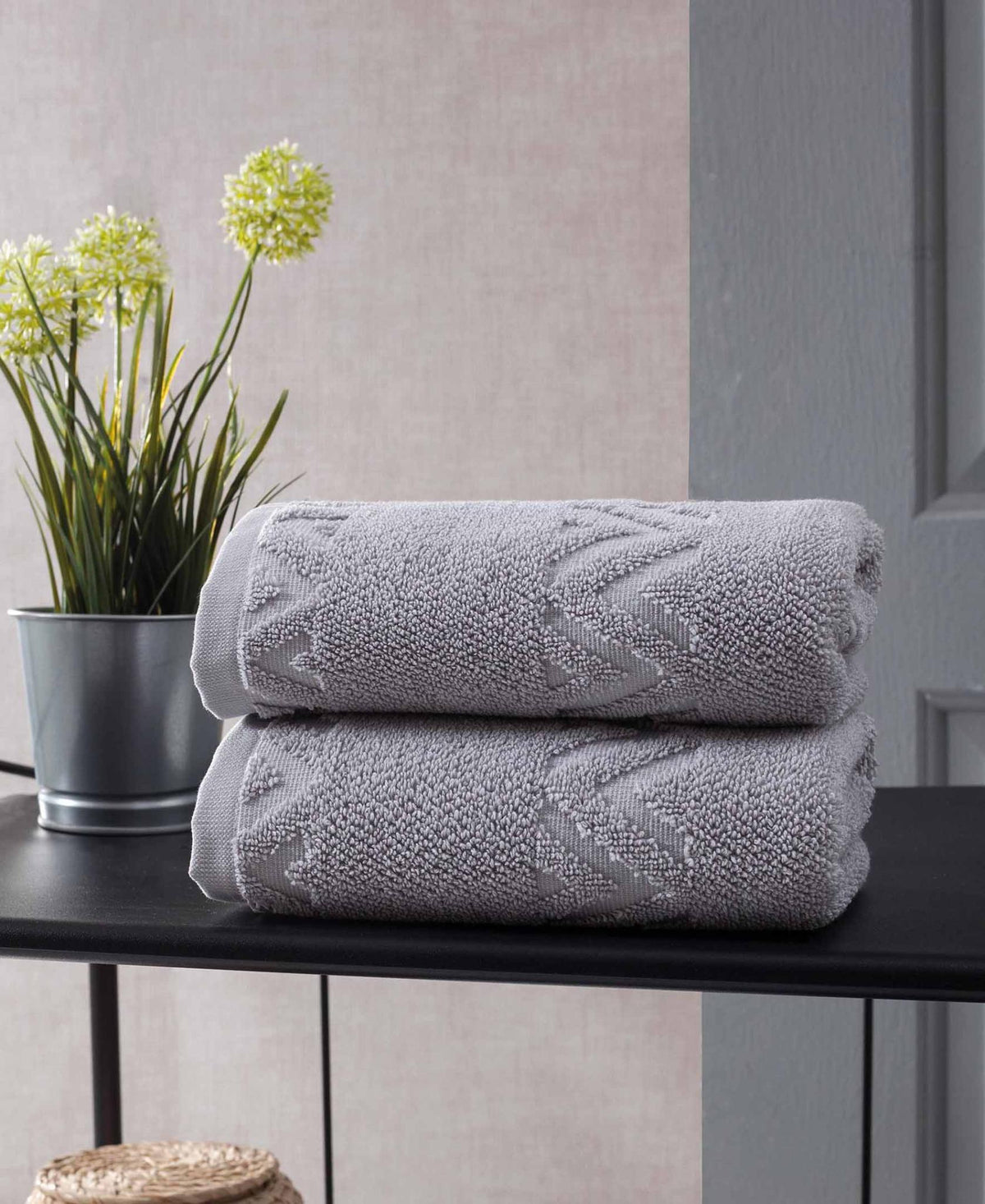 Set of Two Light Gray Geometric Turkish Cotton 16" X 30" Hand Towels - HomeRoots - Flyclothing LLC