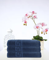 Set of Three Navy Blue Greek Key Turkish Cotton 40" X 60" Bath Sheet - HomeRoots - Flyclothing LLC
