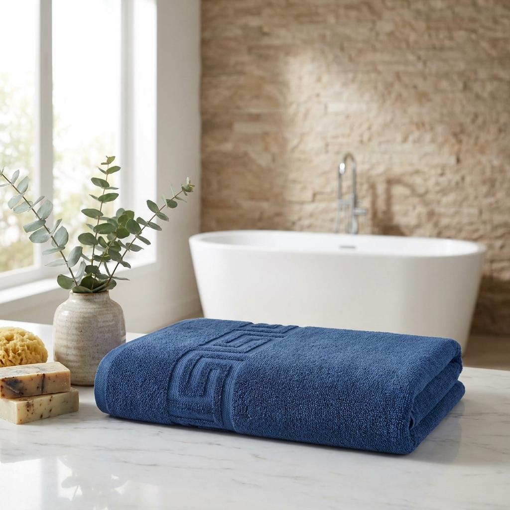 Set of Three Navy Blue Greek Key Turkish Cotton 40" X 60" Bath Sheet - HomeRoots - Flyclothing LLC
