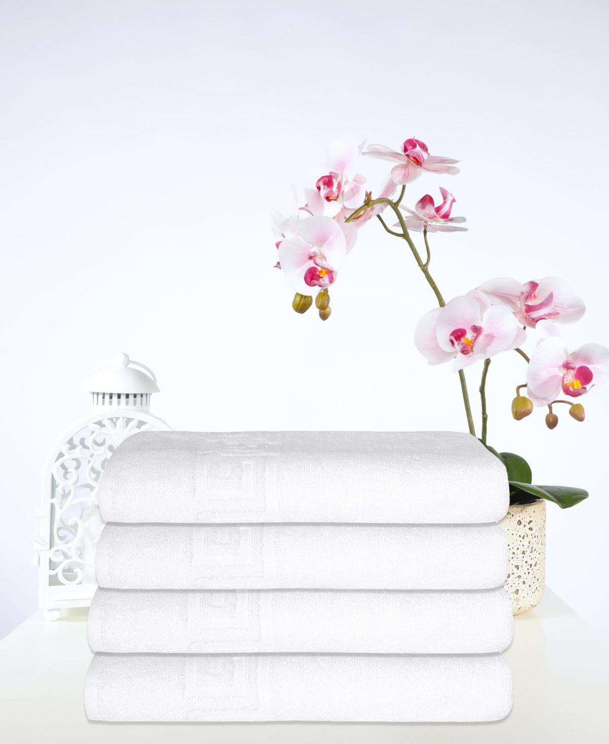 Set of Four White Greek Key Turkish Cotton 40" X 60" Bath Sheet - HomeRoots - Flyclothing LLC
