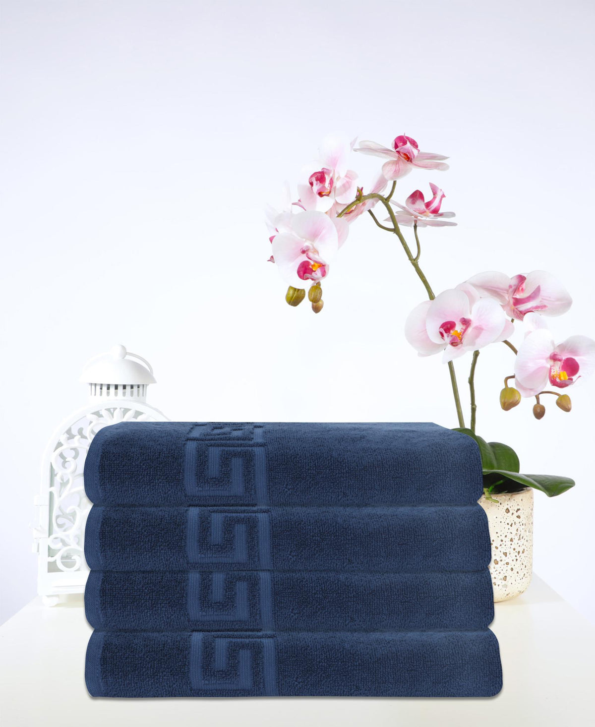 Set of Four Navy Blue Greek Key Turkish Cotton 40" X 60" Bath Sheet - HomeRoots - Flyclothing LLC