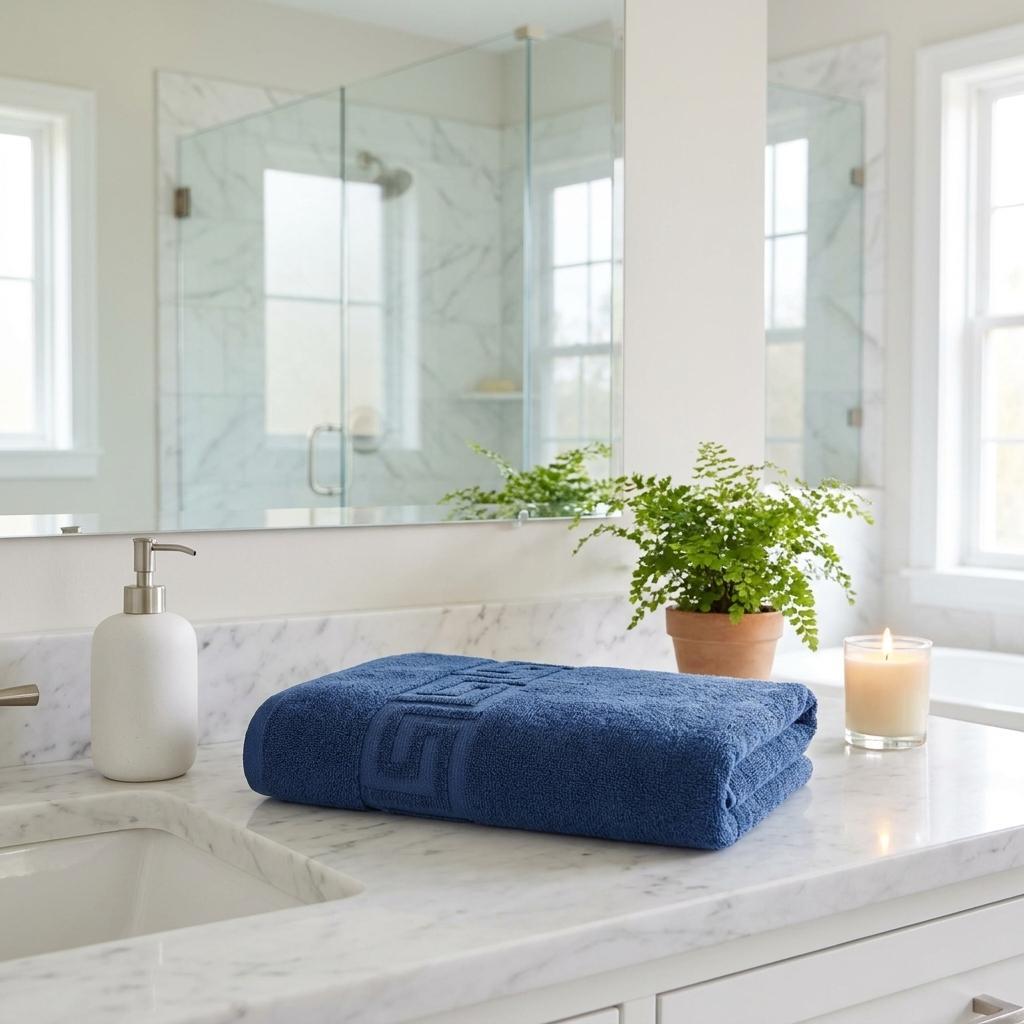 Set of Four Navy Blue Greek Key Turkish Cotton 40" X 60" Bath Sheet - HomeRoots - Flyclothing LLC