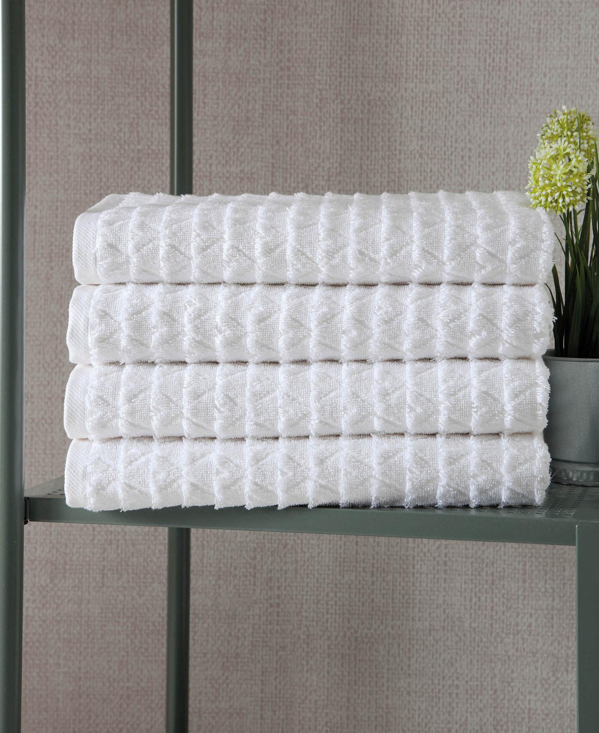 Set of Four White Geometric Turkish Cotton 27" X 54" Bath Towels - HomeRoots - Flyclothing LLC