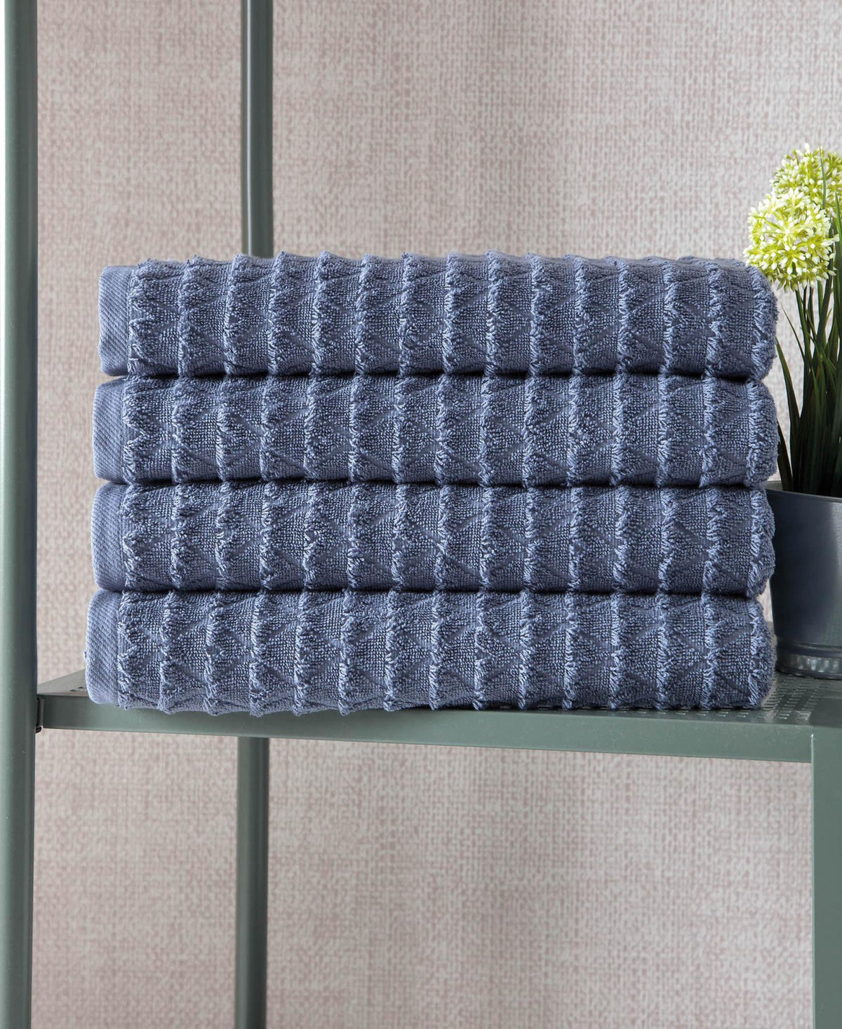 Set of Four Navy Blue Geometric Turkish Cotton 27" X 54" Bath Towels - HomeRoots - Flyclothing LLC
