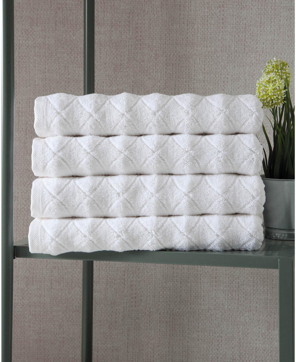Set of Four White Geometric Turkish Cotton 27" X 54" Bath Towels - HomeRoots - Flyclothing LLC