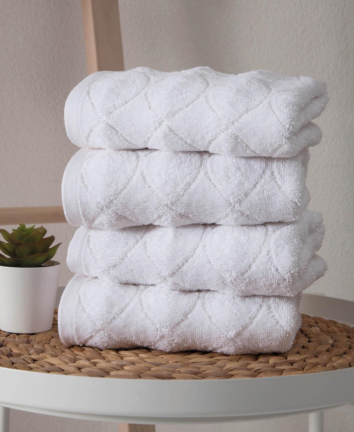 Set of Four White Geometric Turkish Cotton 16" X 30" Hand Towels - HomeRoots - Flyclothing LLC