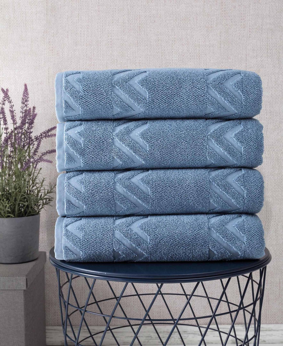 Set of Four Blue Geometric Turkish Cotton 27" X 54" Bath Towels - HomeRoots - Flyclothing LLC