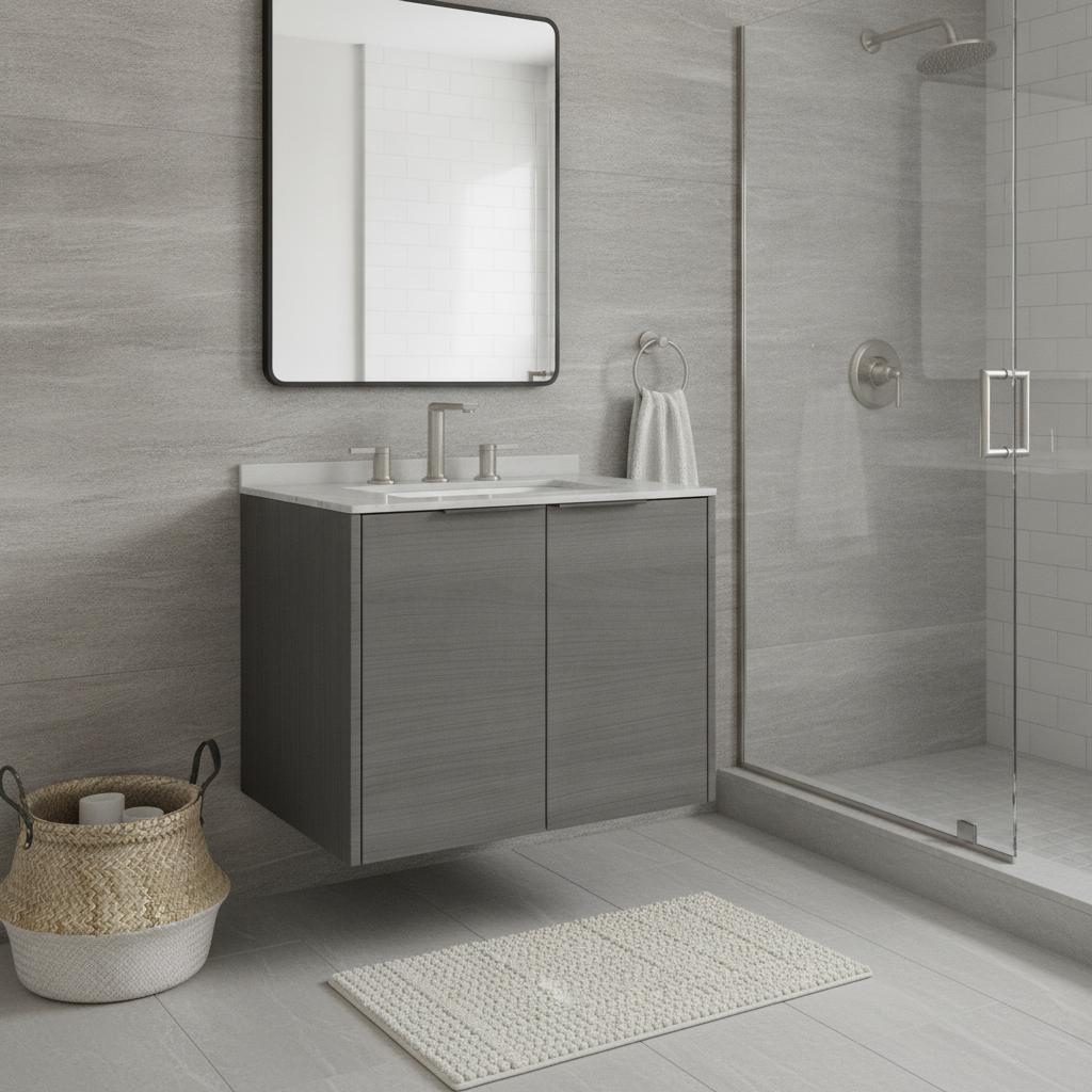 24" Gray Wood Floating Double Door Bathroom Vanity With White Sink - HomeRoots - Flyclothing LLC
