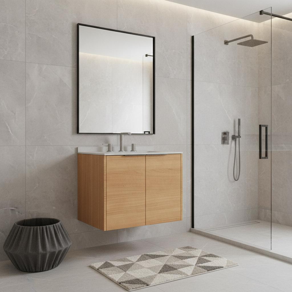 24" Brown Wood Floating Double Door Bathroom Vanity With White Sink - HomeRoots - Flyclothing LLC
