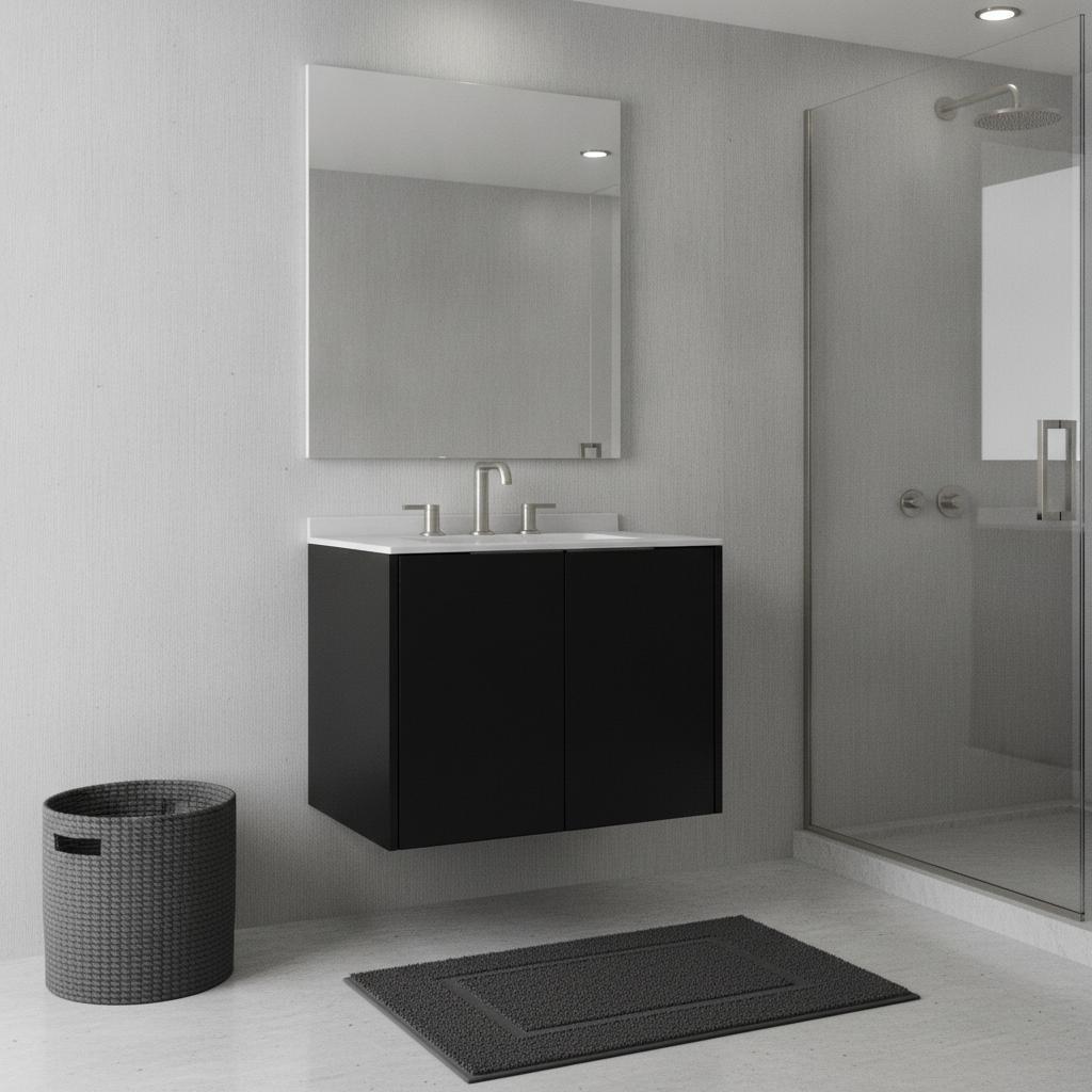 24" Black Wood Floating Double Door Bathroom Vanity With White Sink - HomeRoots - Flyclothing LLC