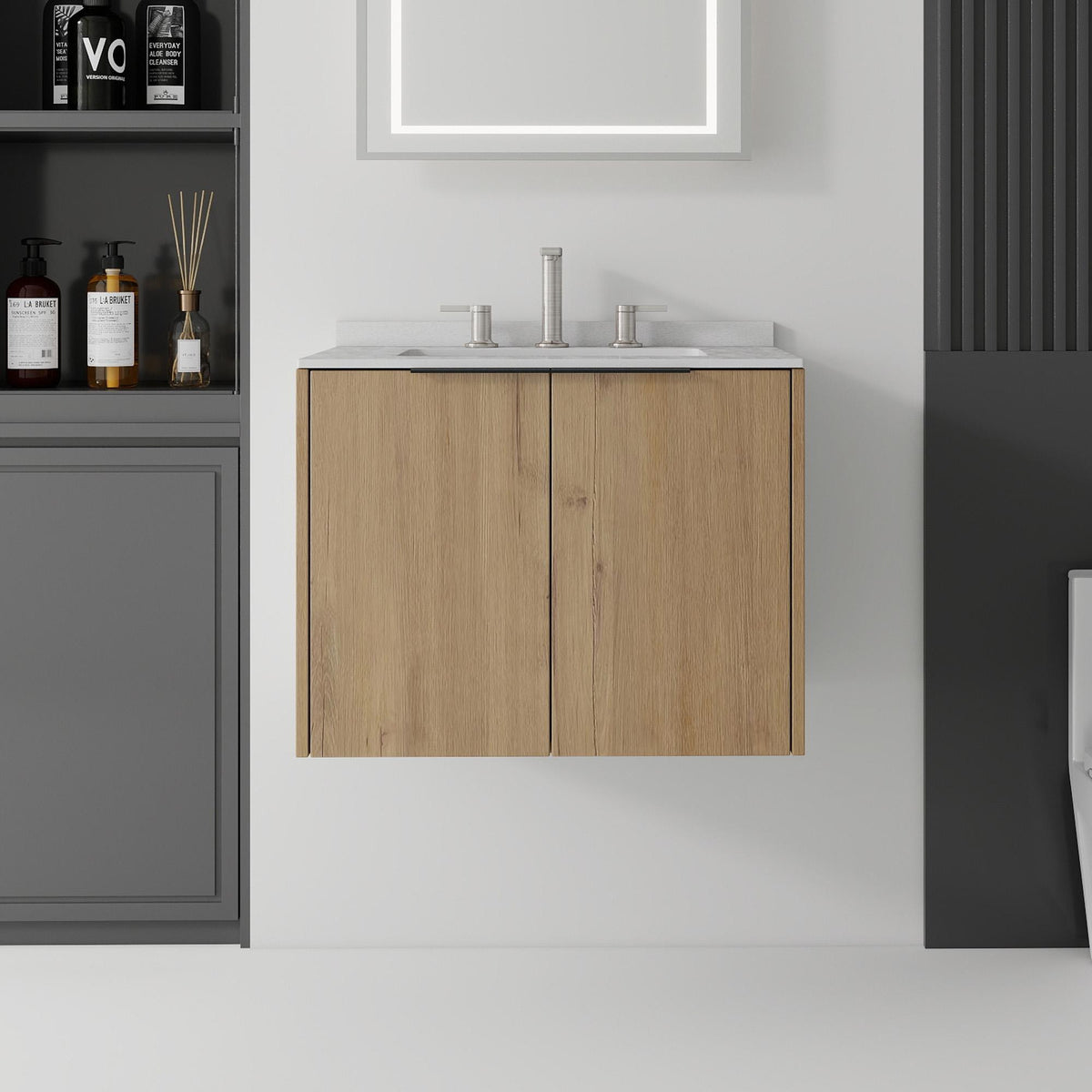 24" Brown Wood Floating Double Door Bathroom Vanity With White Sink - HomeRoots - Flyclothing LLC
