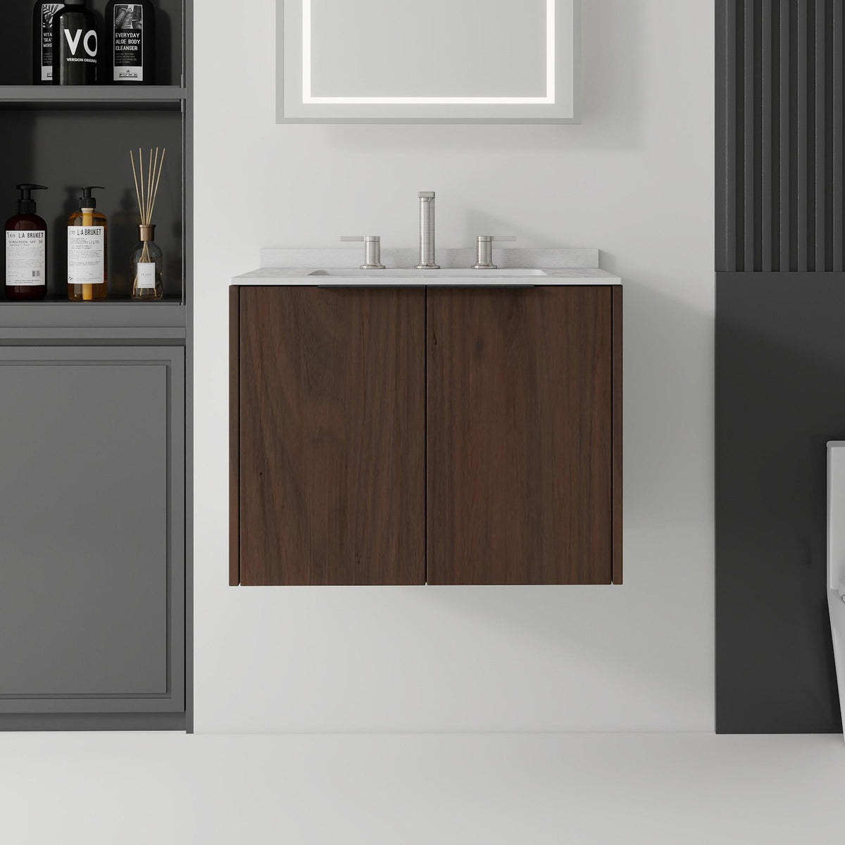 24" Brown Wood Floating Double Door Bathroom Vanity With White Sink - HomeRoots - Flyclothing LLC