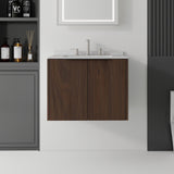 24" Brown Wood Floating Double Door Bathroom Vanity With White Sink - HomeRoots - Flyclothing LLC