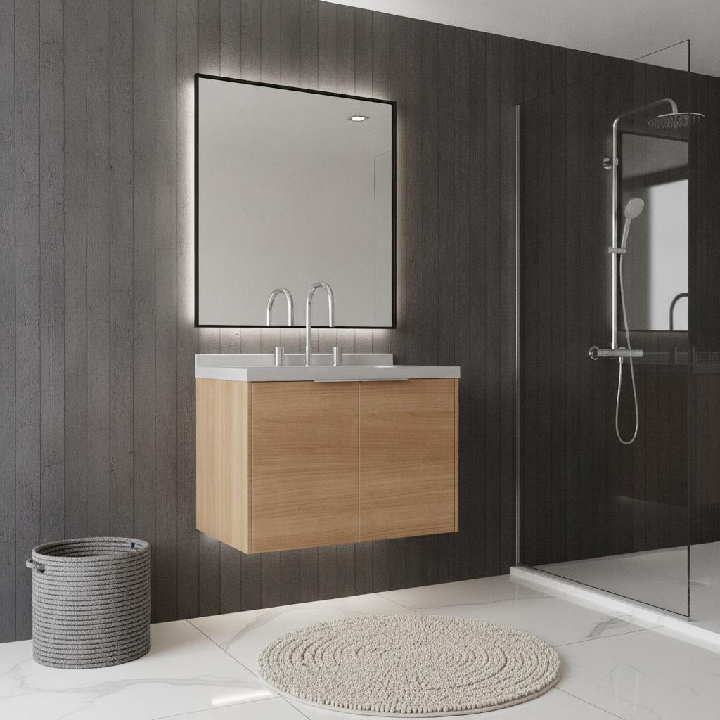 24" Brown Wood Floating Double Door Bathroom Vanity With White Sink - HomeRoots - Flyclothing LLC