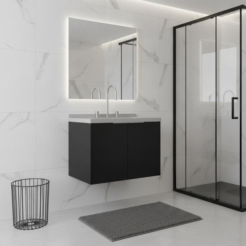 24" Black Wood Floating Double Door Bathroom Vanity With White Sink - HomeRoots - Flyclothing LLC