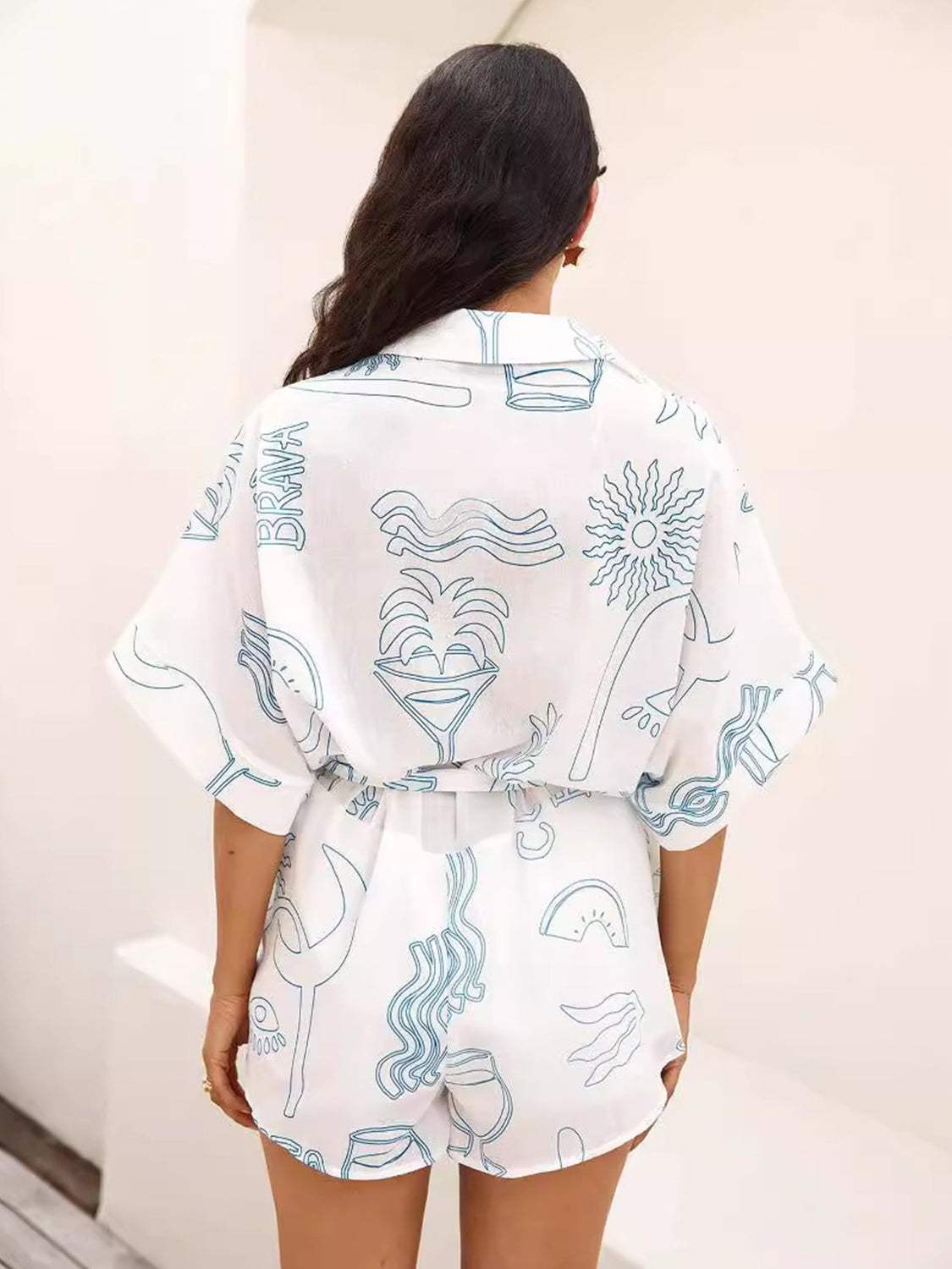 Printed Collared Neck Half Sleeve Romper - Trendsi - Flyclothing LLC