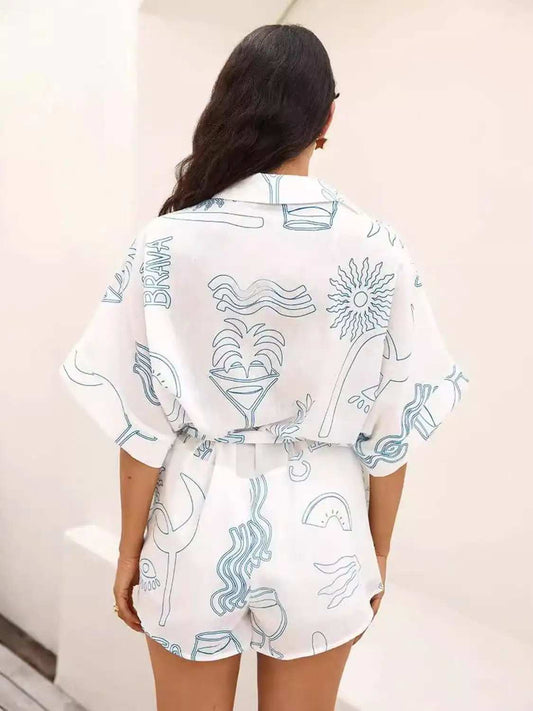 Printed Collared Neck Half Sleeve Romper - Trendsi - Flyclothing LLC
