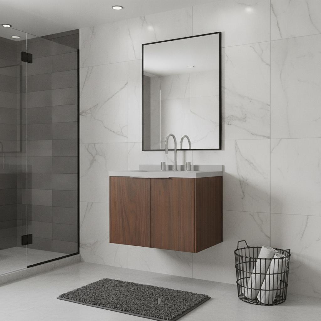24" Brown Wood Floating Double Door Bathroom Vanity With White Sink - HomeRoots - Flyclothing LLC