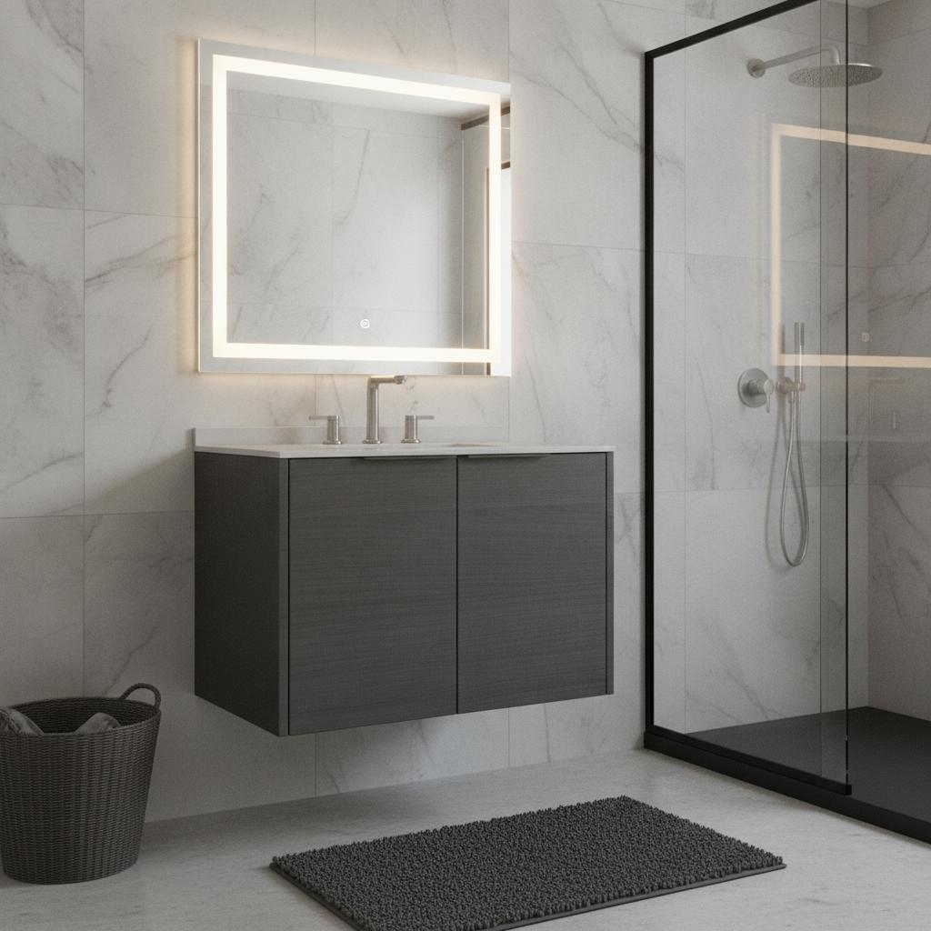 30" Gray Wood Floating Double Door Bathroom Vanity With White Sink - HomeRoots - Flyclothing LLC