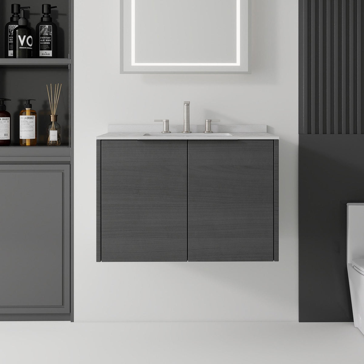 30" Gray Wood Floating Double Door Bathroom Vanity With White Sink - HomeRoots - Flyclothing LLC