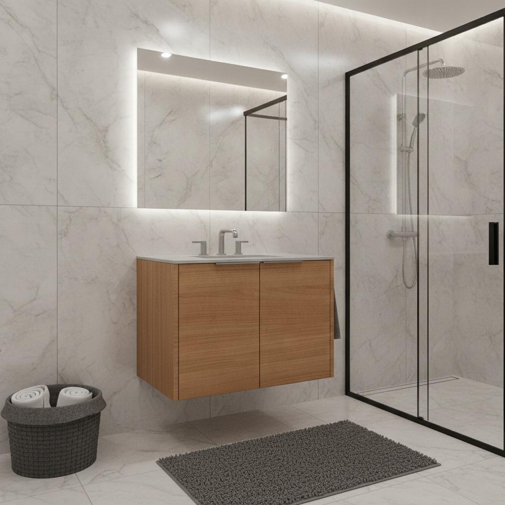 30" Brown Wood Floating Double Door Bathroom Vanity With White Sink - HomeRoots - Flyclothing LLC