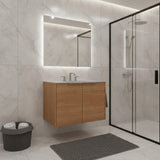30" Brown Wood Floating Double Door Bathroom Vanity With White Sink - HomeRoots - Flyclothing LLC