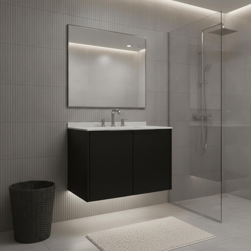 30" Black Wood Floating Double Door Bathroom Vanity With White Sink - HomeRoots - Flyclothing LLC