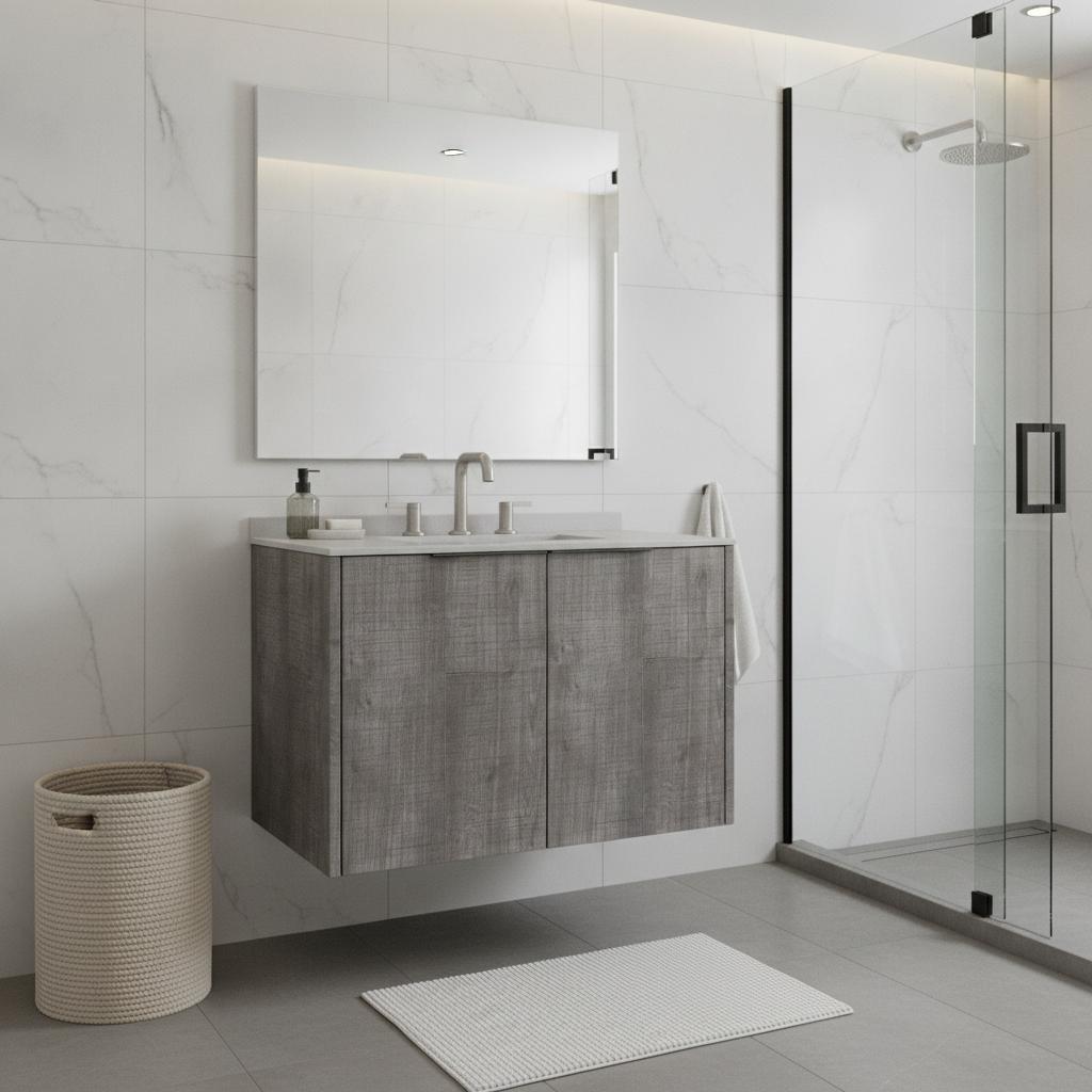 30" Gray Wood Floating Double Door Bathroom Vanity With White Sink - HomeRoots - Flyclothing LLC
