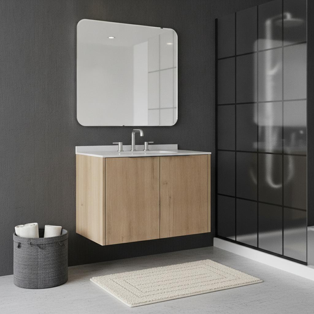 30" Brown Wood Floating Double Door Bathroom Vanity With White Sink - HomeRoots - Flyclothing LLC