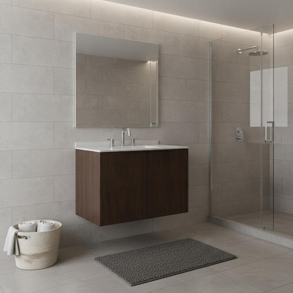 30" Brown Wood Floating Double Door Bathroom Vanity With White Sink - HomeRoots - Flyclothing LLC