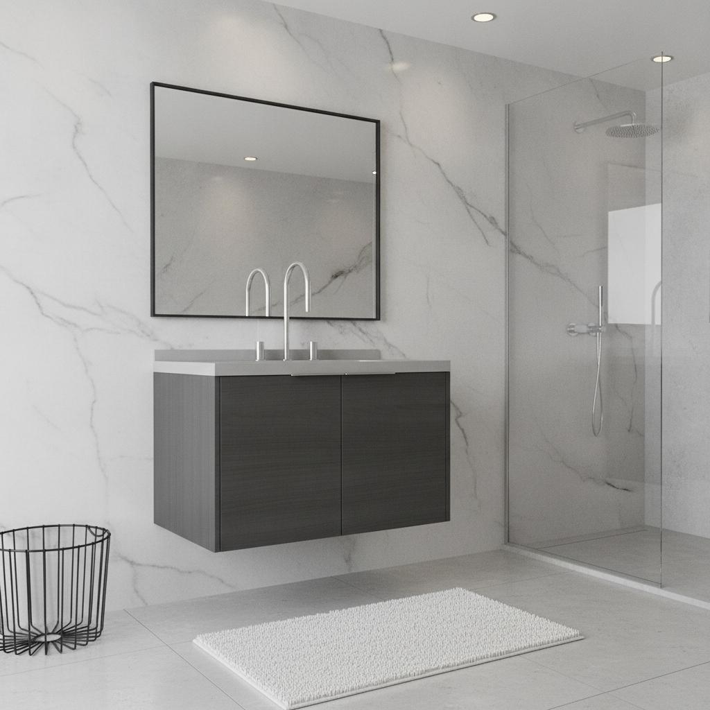 30" Gray Wood Floating Double Door Bathroom Vanity With White Sink - HomeRoots - Flyclothing LLC