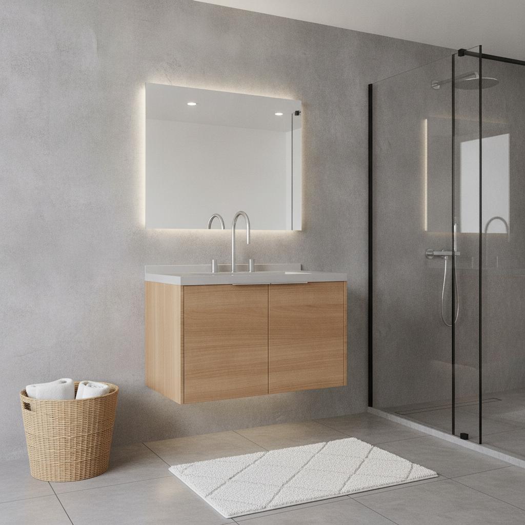 30" Brown Wood Floating Double Door Bathroom Vanity With White Sink - HomeRoots - Flyclothing LLC