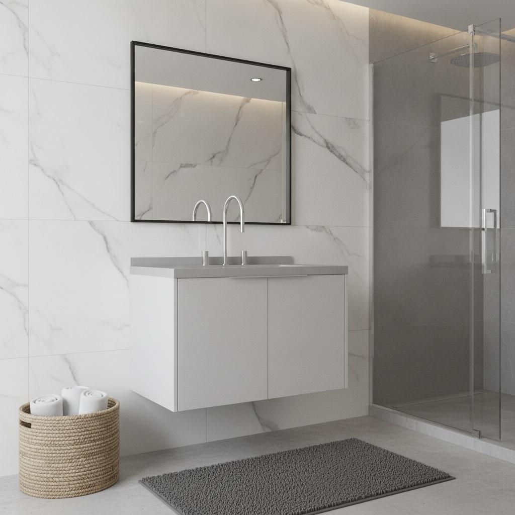 30" White Wood Floating Double Door Bathroom Vanity With Sink - HomeRoots - Flyclothing LLC