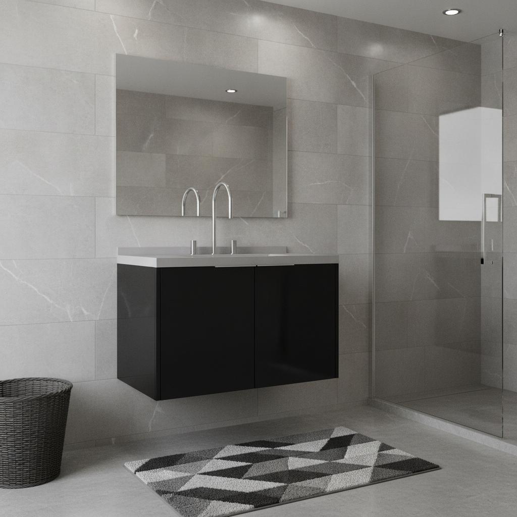 30" Black Wood Floating Double Door Bathroom Vanity With White Sink - HomeRoots - Flyclothing LLC