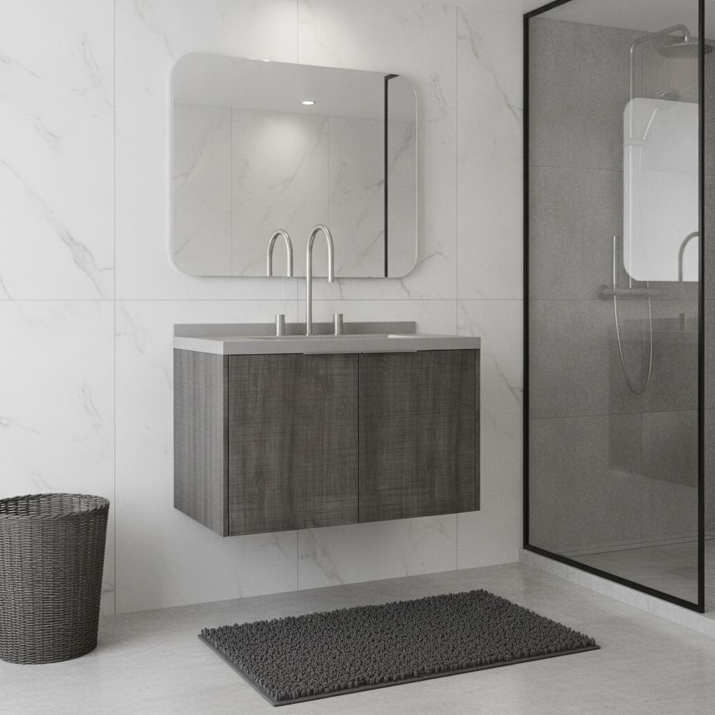 30" Gray Wood Floating Double Door Bathroom Vanity With White Sink - HomeRoots - Flyclothing LLC