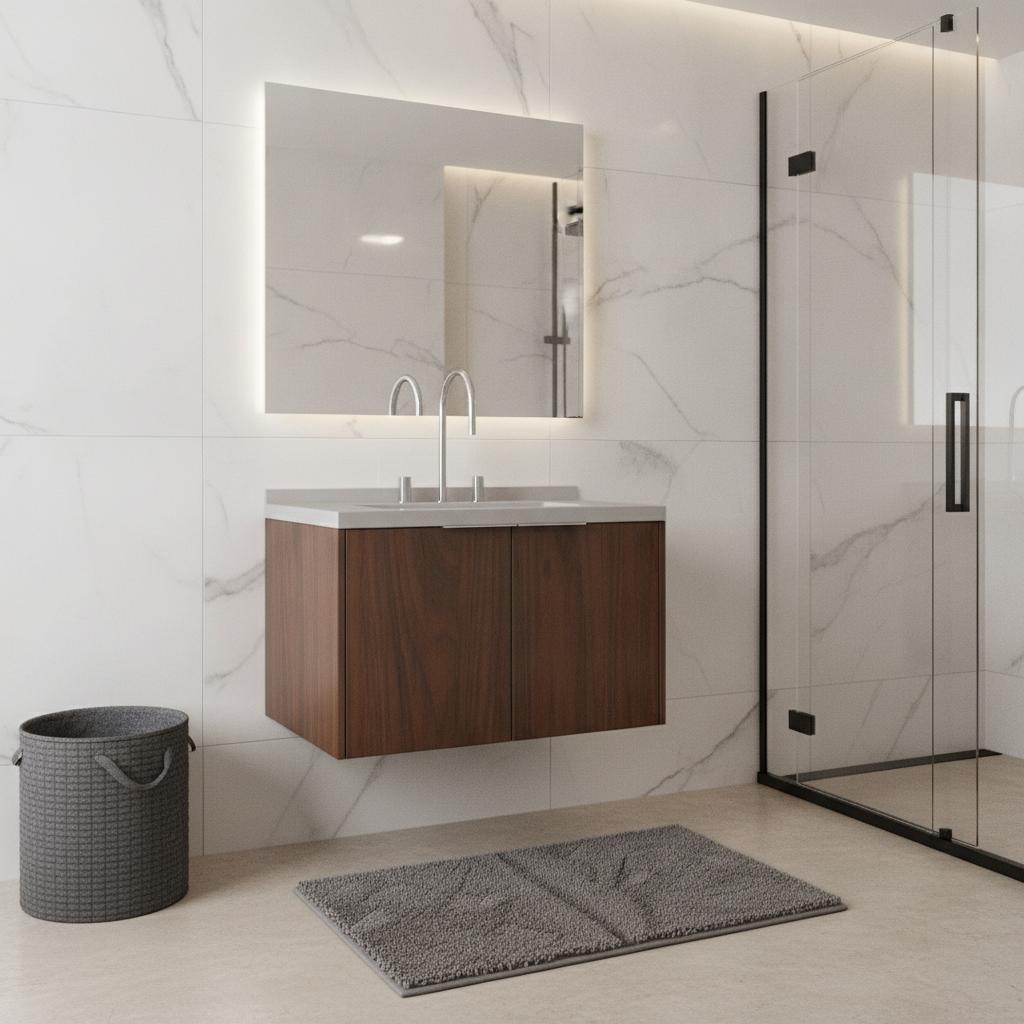 30" Brown Wood Floating Double Door Bathroom Vanity With White Sink - HomeRoots - Flyclothing LLC