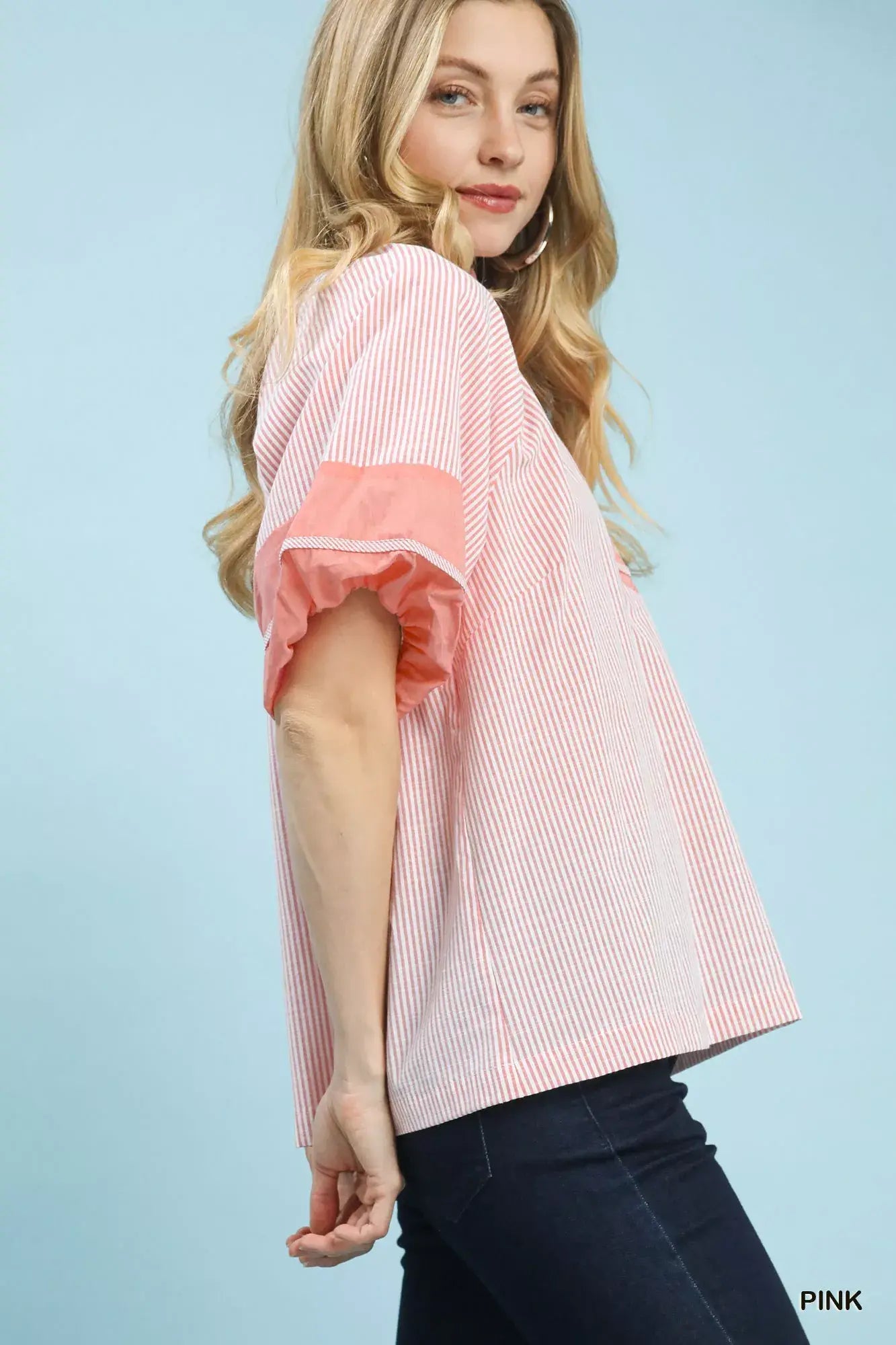Umgee Striped Mixed Puff Sleeve Blouse - Trendsi - Flyclothing LLC