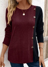 Color Block Ribbed Knit Decor Button T-Shirt - Trendsi - Flyclothing LLC