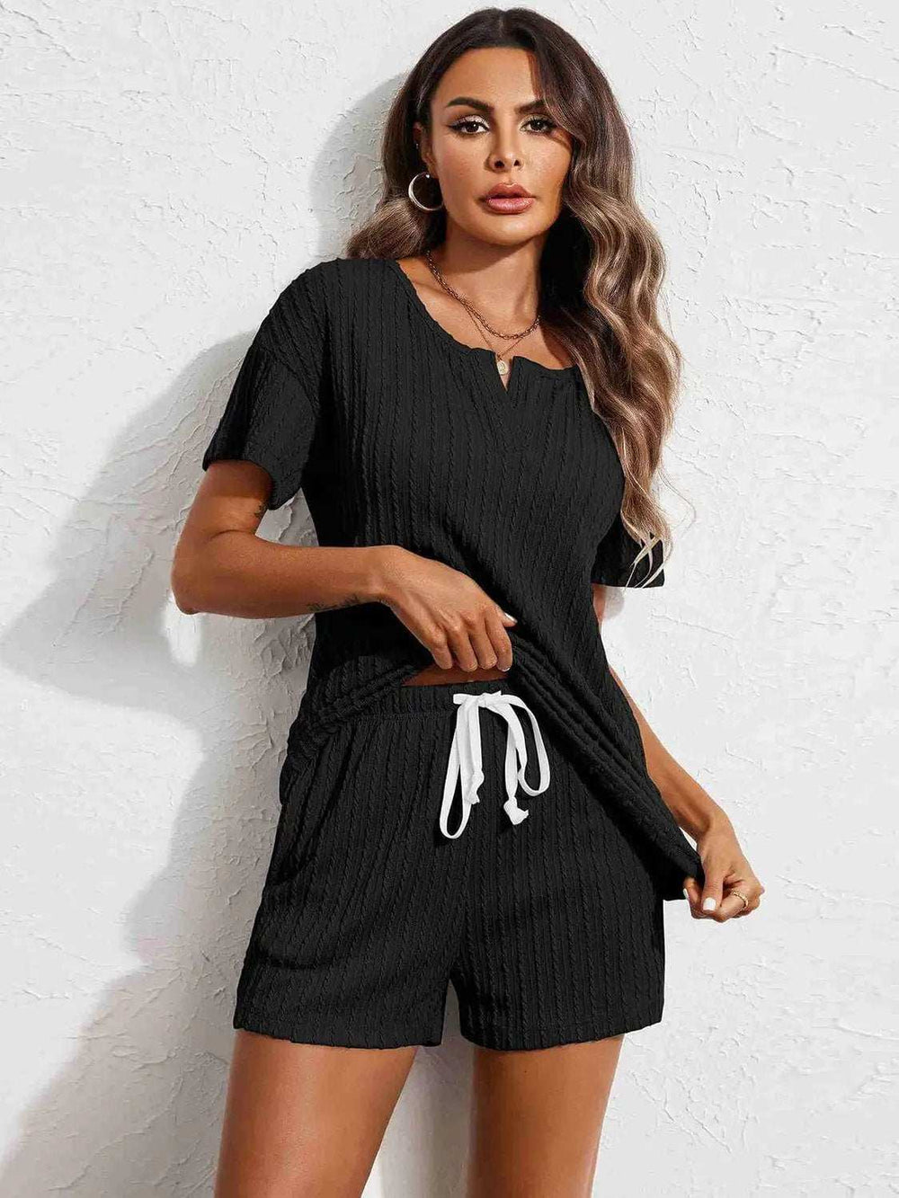 Notched Short Sleeve Top and Shorts Set - Trendsi - Flyclothing LLC