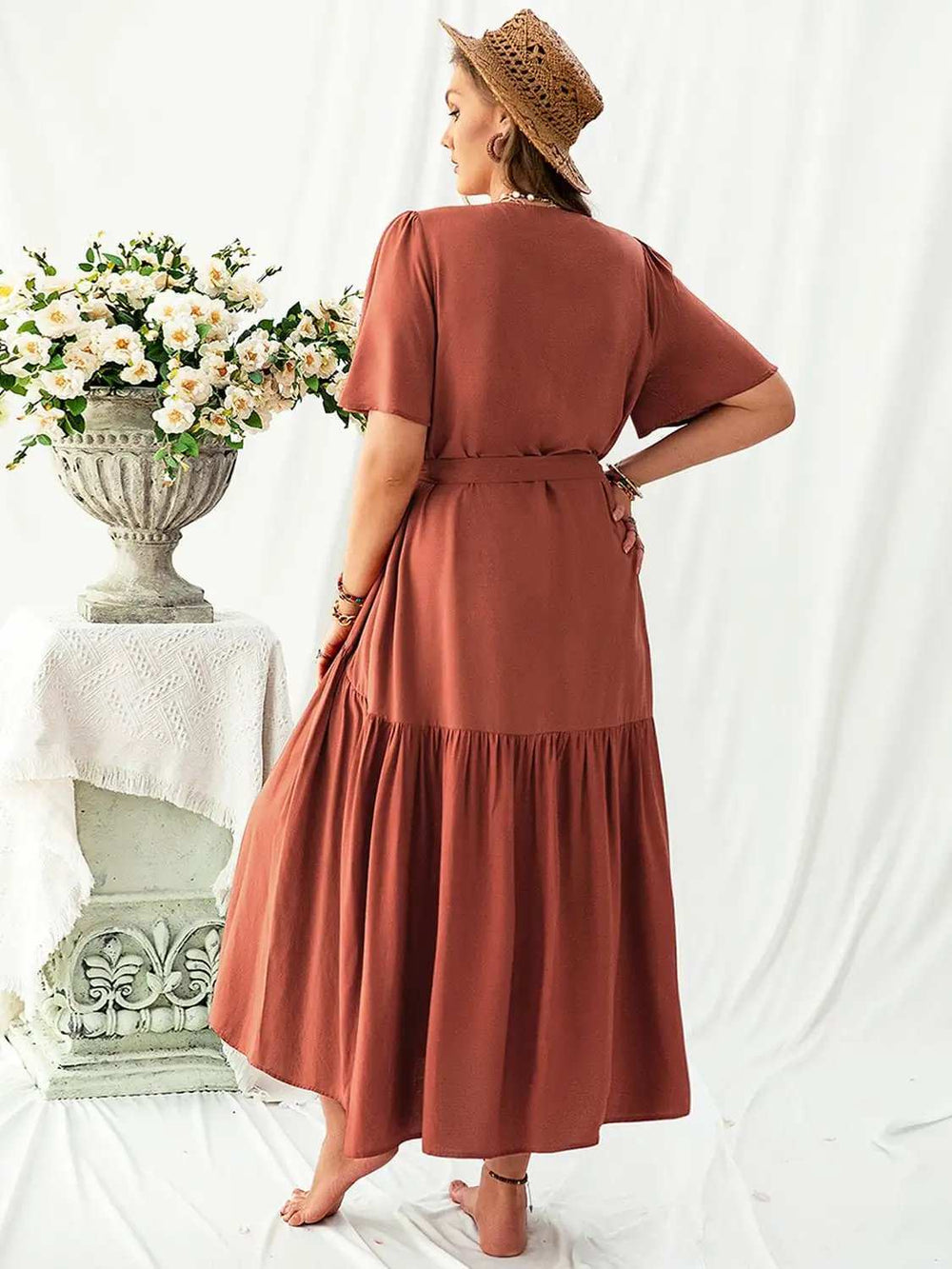 Plus Size V-Neck Flutter Sleeve Midi Dress - Trendsi - Flyclothing LLC
