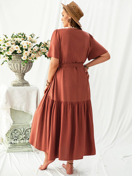 Plus Size V-Neck Flutter Sleeve Midi Dress - Trendsi
